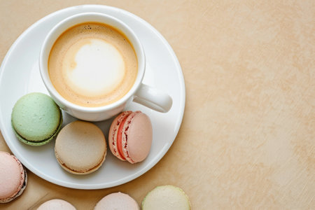 A cup of coffee and some macarons on a plateの素材