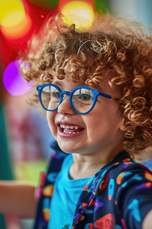 A little boy with glasses and a blue shirtの素材