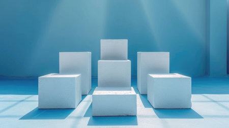 A group of white cubes sitting on top of a blue floorの素材