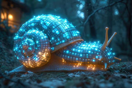 A couple of snails sitting on top of each other Artificial glowing object, software visualization.の素材