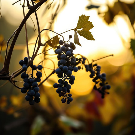 A close up of a bunch of grapes on a treeの素材