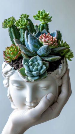 A hand holding a planter with succulents in itの素材