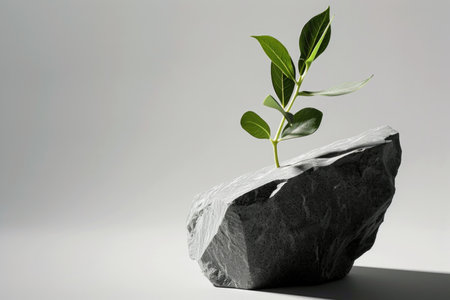 A small plant growing out of a rock. Minimalist steel life with plant and a textured stone on grey background.の素材