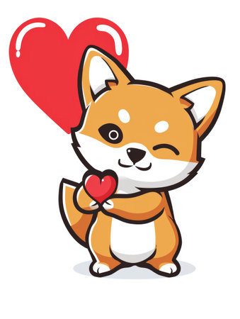 A cartoon dog holding a heart shaped balloonの素材