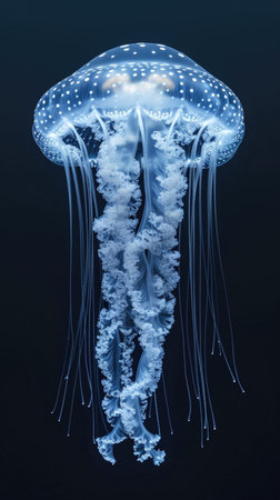 A jellyfish is floating in the water, monochromatic x-ray image on dark backgroundの素材