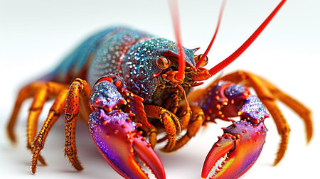 A close up of a colorful lobster on a white surface, Mardi Gras crawfish.の素材