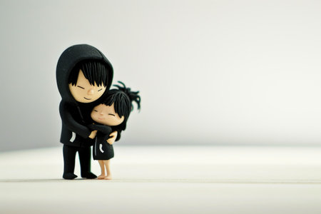 A small figurine of two people hugging each other, St Valentines day greeting card with copy-space.の素材