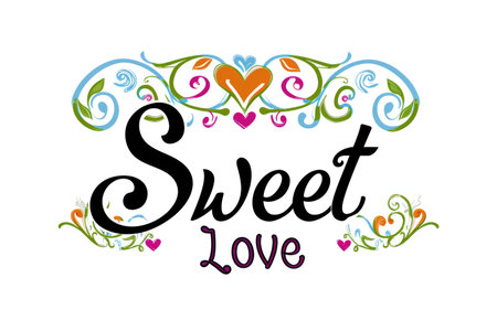 The words sweet love are decorated with heartsの素材