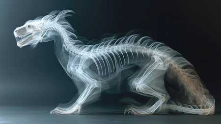 An x - ray image of a dog with a skeleton, monochromatic x-ray image on dark backgroundの素材