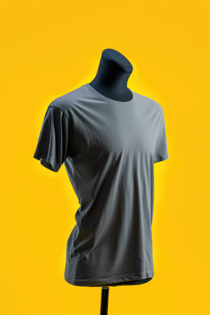 A gray t-shirt on a mannequin on a yellow backgroundの素材