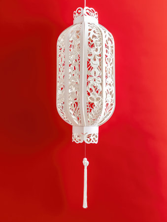 A white paper lantern hanging from a red wallの素材