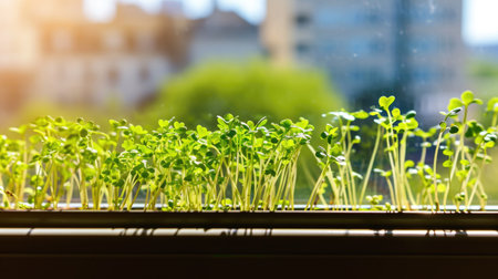 A close up of a window sill with a bunch of sproutsの素材