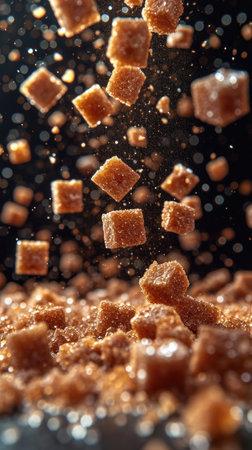 A pile of sugar cubes falling into the air, brown lumps of sugar fall on black background.の素材