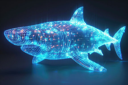 A large shark made out of blue and white lightsの素材