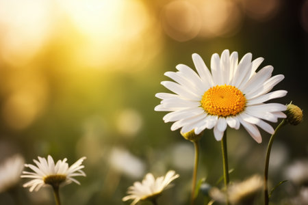 A close up of a daisy flower in a field, copy-space, place for textの素材