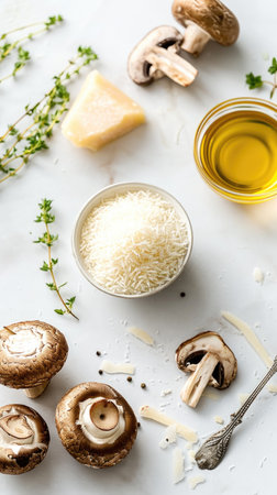 A table topped with mushrooms, cheese and olive oilの素材