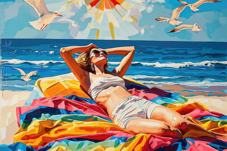 A painting of a woman sunbathing on the beachの素材