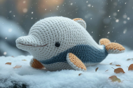 A stuffed dolphin sitting in the snow, handcrafted knitted miniature toy.の素材