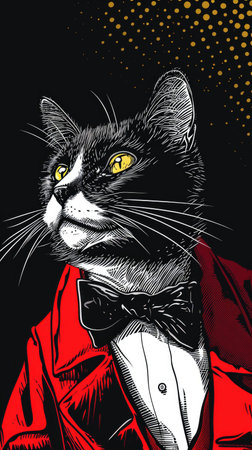 A black and white cat wearing a red jacket and bow tieの素材