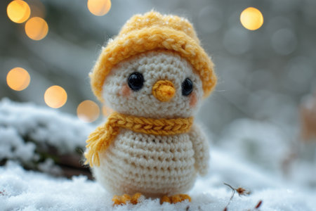 A small knitted penguin wearing a yellow hat and scarf, handcrafted knitted miniature toy.の素材