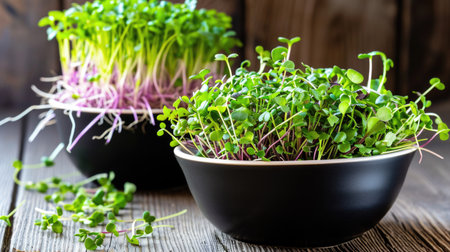 A close up of a bowl of sprouts on a tableの素材