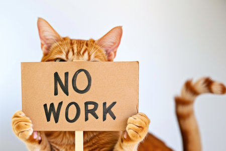 A cat holding a sign that says no workの素材