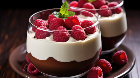 Two glasses of dessert with raspberries on a plate, Valentines day desserts.の素材