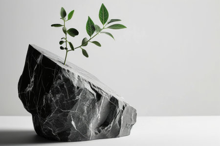 A small plant is growing out of a rock. Minimalist steel life with plant and a textured stone on grey background.の素材
