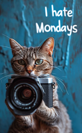 A cat is holding a camera in its paws with words I hate mondaysの素材