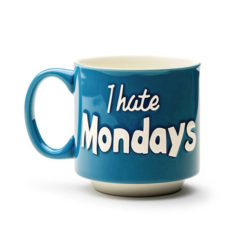 A blue coffee mug with the words white mondays written on itの素材