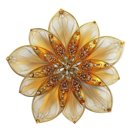 A gold flower brooch on a white backgroundの素材