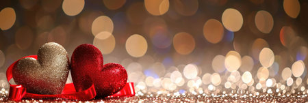 A couple of red hearts sitting on top of a table, St Valentines day greeting card with copy-space.の素材