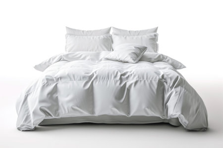 A bed with a white comforter and pillowsの素材