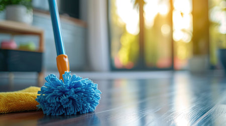 A blue mop sitting on top of a wooden floorの素材