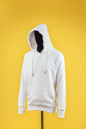 A white hoodie on a mannequin on a yellow background, hoodie mockup.の素材