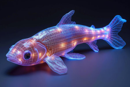 A fish with a glowing body on a black background Artificial glowing object, software visualization.の素材