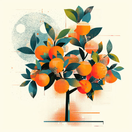 A tree with oranges and leaves on it, duotone, halftone pattern on white background.の素材