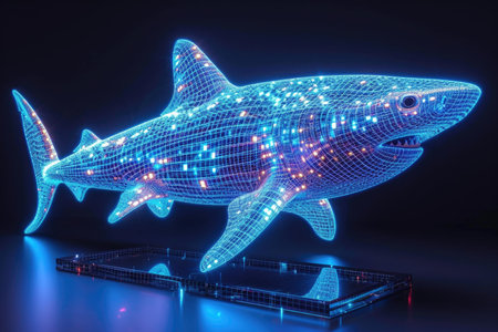 A large shark made out of neon lights Artificial glowing object, software visualization.の素材