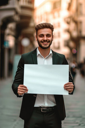 A man in a suit holding a blank white signの素材