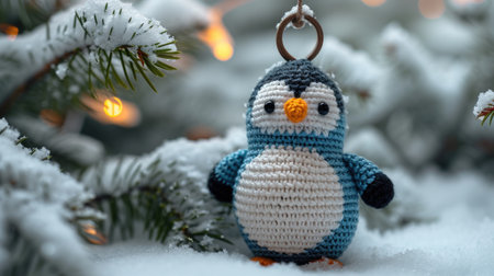 A crocheted penguin ornament hanging from a christmas tree, handcrafted knitted miniature toy.の素材