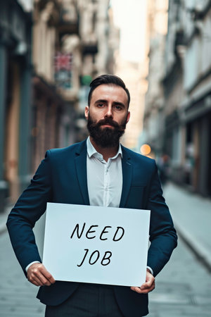 A man in a suit holding a sign that says need jobの素材