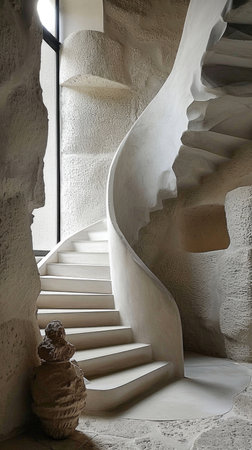A white spiral staircase in a stone buildingの素材