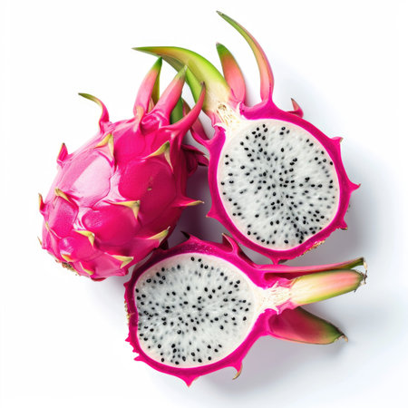 A close up of a dragon fruit cut in halfの素材