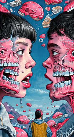 The best music ever echoes through a graphic rock-inspired realm. In modern linography, light pink and light blue hues meld. An enigmatic figure emerges in the cryptic psychedelia of apocalypse art.の素材