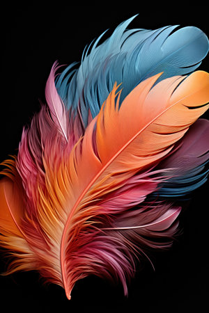 A close up of a colorful feather on a black backgroundの素材