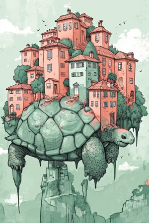 A drawing of a turtle on top of a buildingの素材