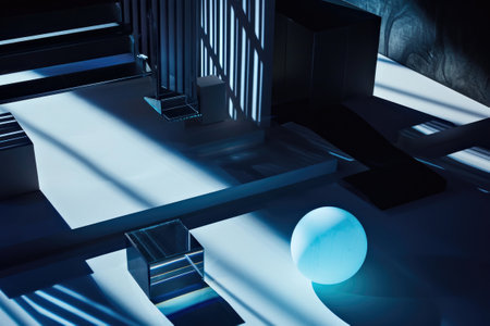 Futuristic stage or a studio set at evening. Playful lights and shadows highlight key elements: the product, strategic lighting, and geometric shapes.の写真素材