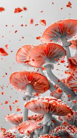 A bunch of red mushrooms that are in the airの素材