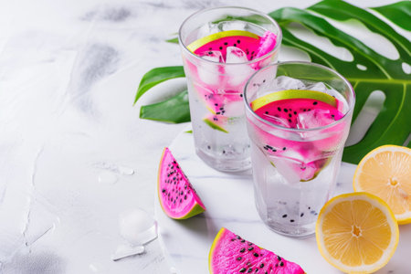 A couple of glasses filled with home made lemonade from dragon fruit, lemon and iceの素材