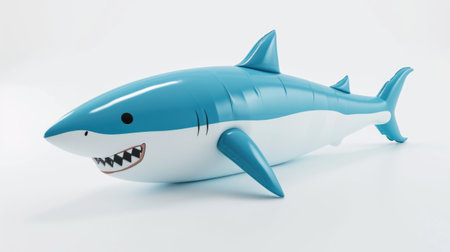 A blue and white toy shark with its mouth open, funny cute inflatable toy on white background.の素材
